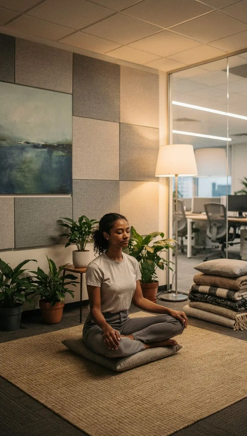 Stylowe miejsce pracy z akustycznymi panelami poprawiającymi komfort dźwiękowy.