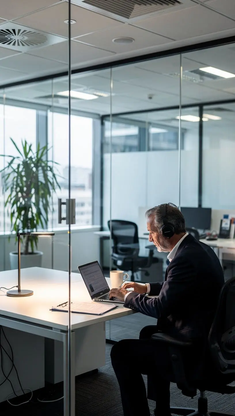 Zaaranżowana przestrzeń do pracy z elementami roślinności, wspierająca zdrowie psychiczne.