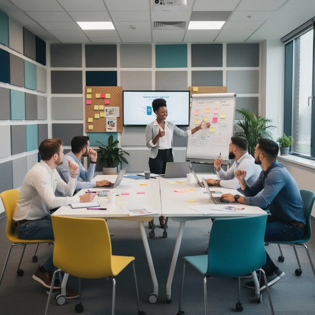 Strefa relaksu w biurze z wygodnymi kanapami i strefą do nieformalnych spotkań.