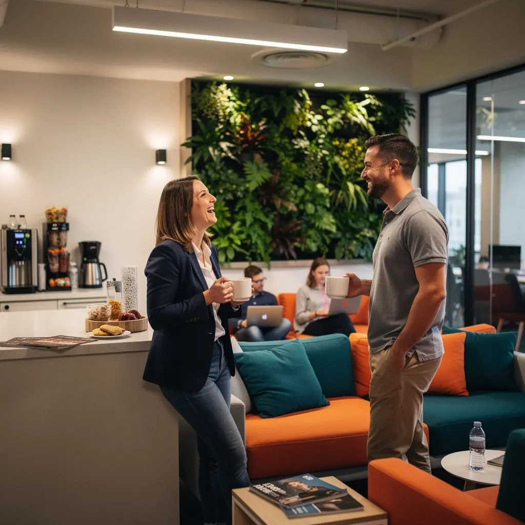 Strefa relaksu w biurze z wygodnymi fotelami i strefą do pracy indywidualnej.