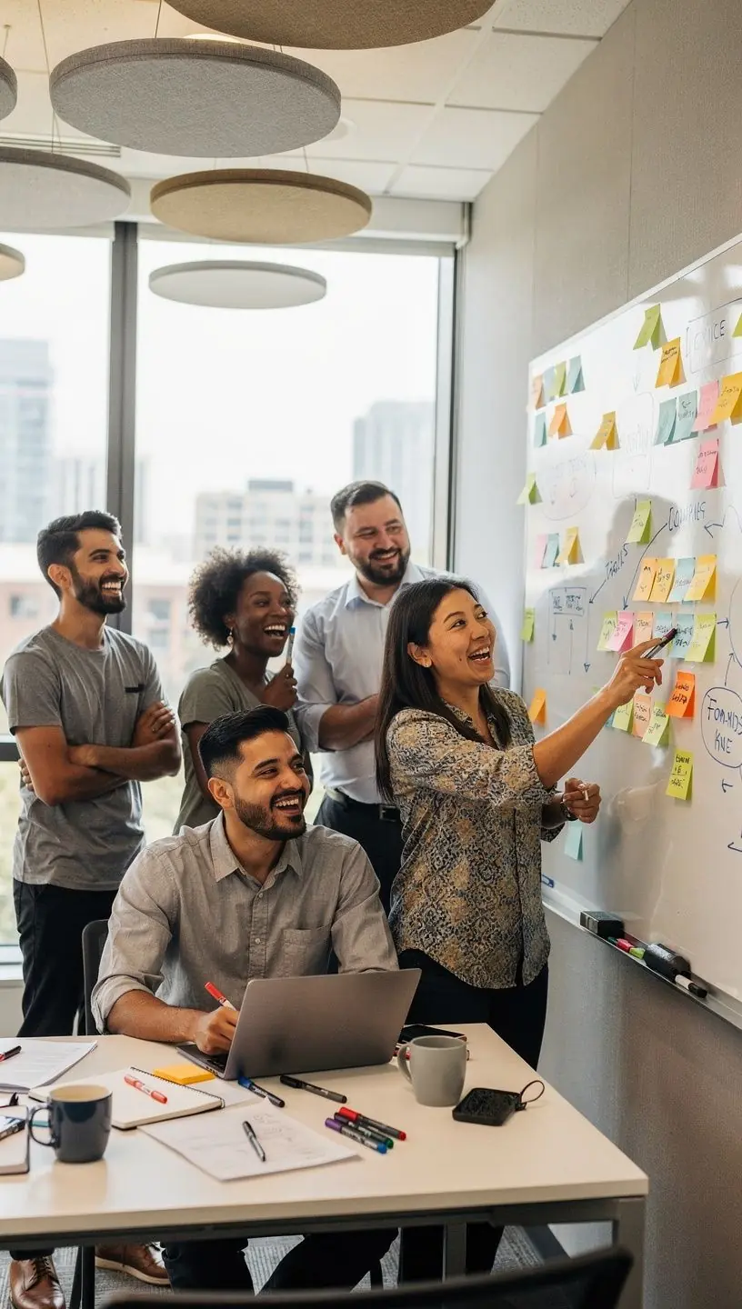 Przykład zastosowania paneli akustycznych w biurze, poprawiających akustykę przestrzeni.