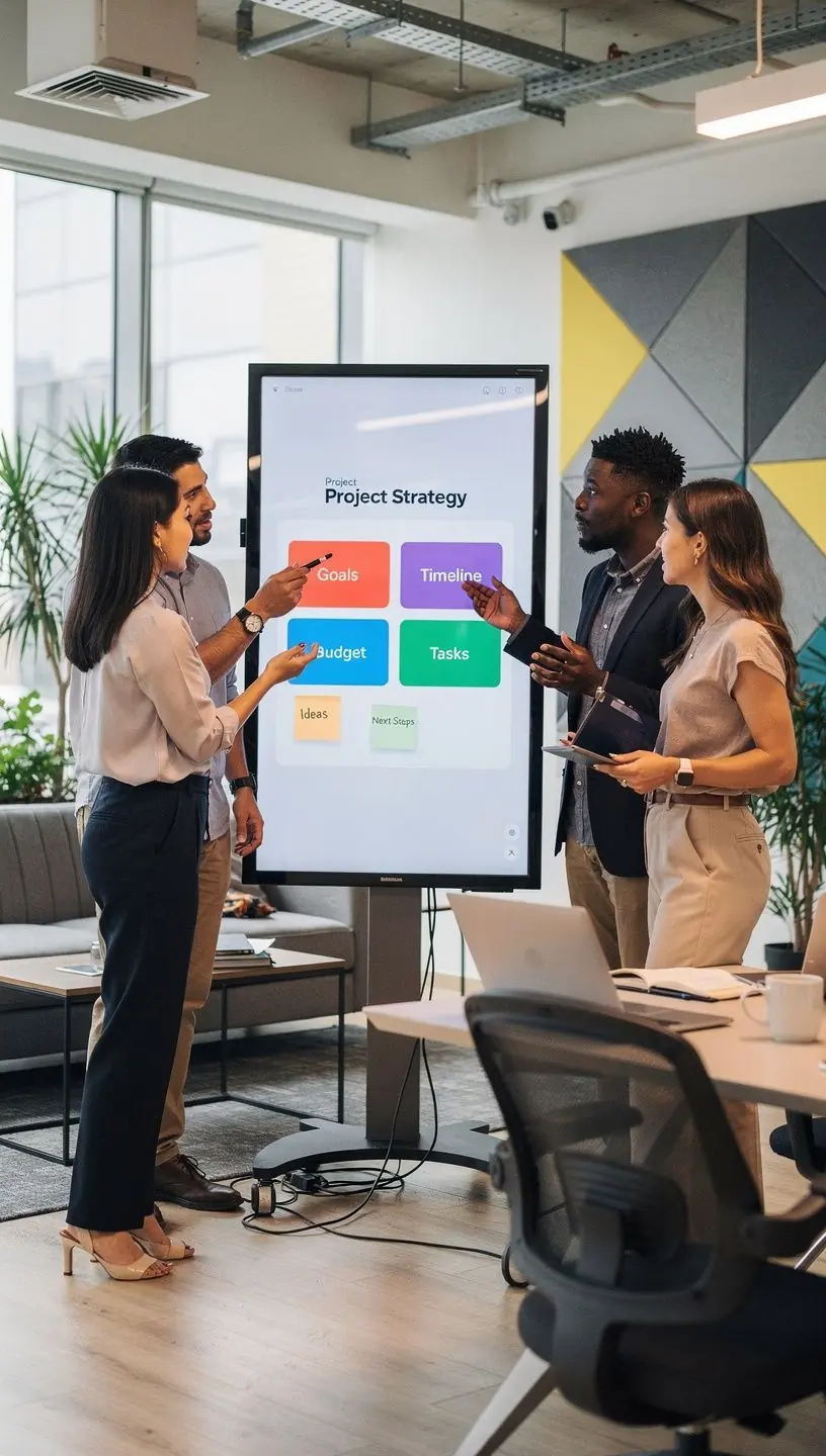 Nowoczesne biuro z ergonomicznymi meblami i strefami do pracy zespołowej.